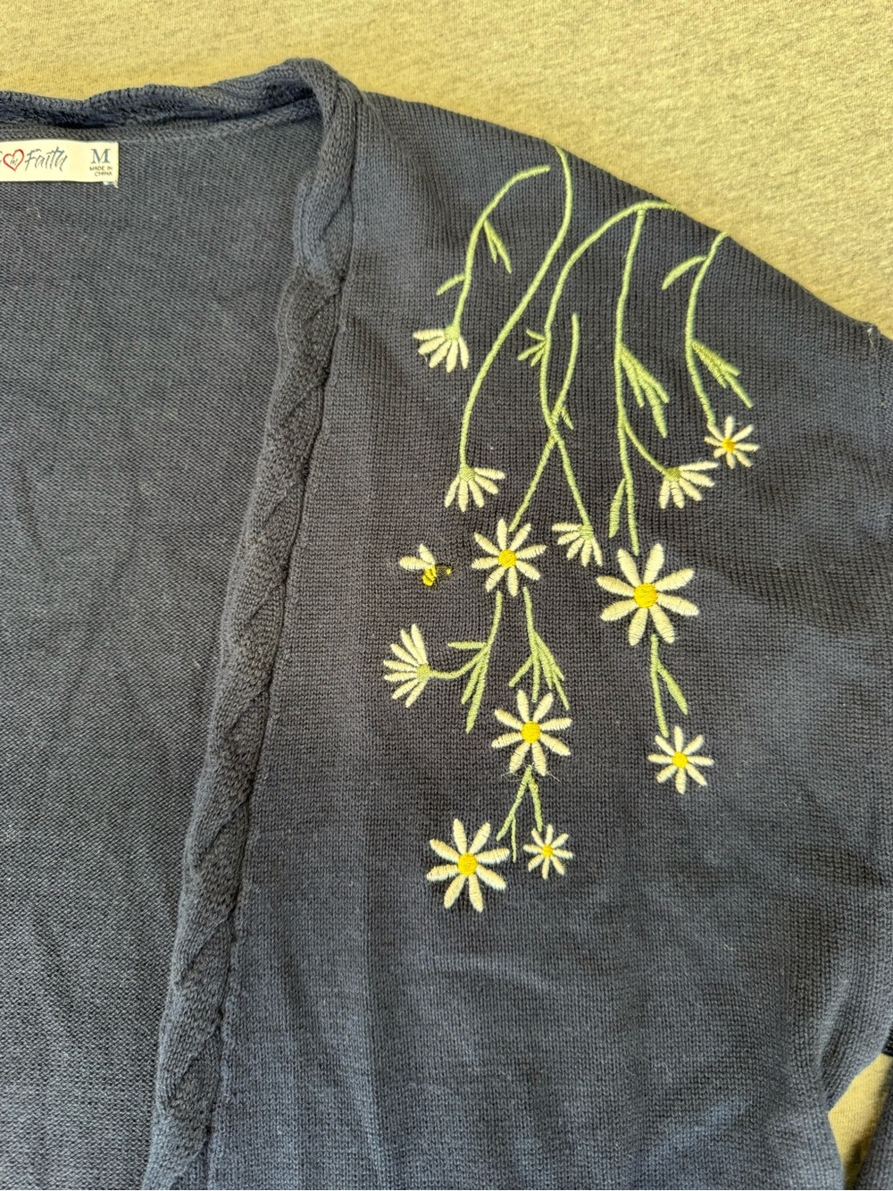 Navy Open-Front Cardigan with Daisy Embroidery - Picture 2 of 5